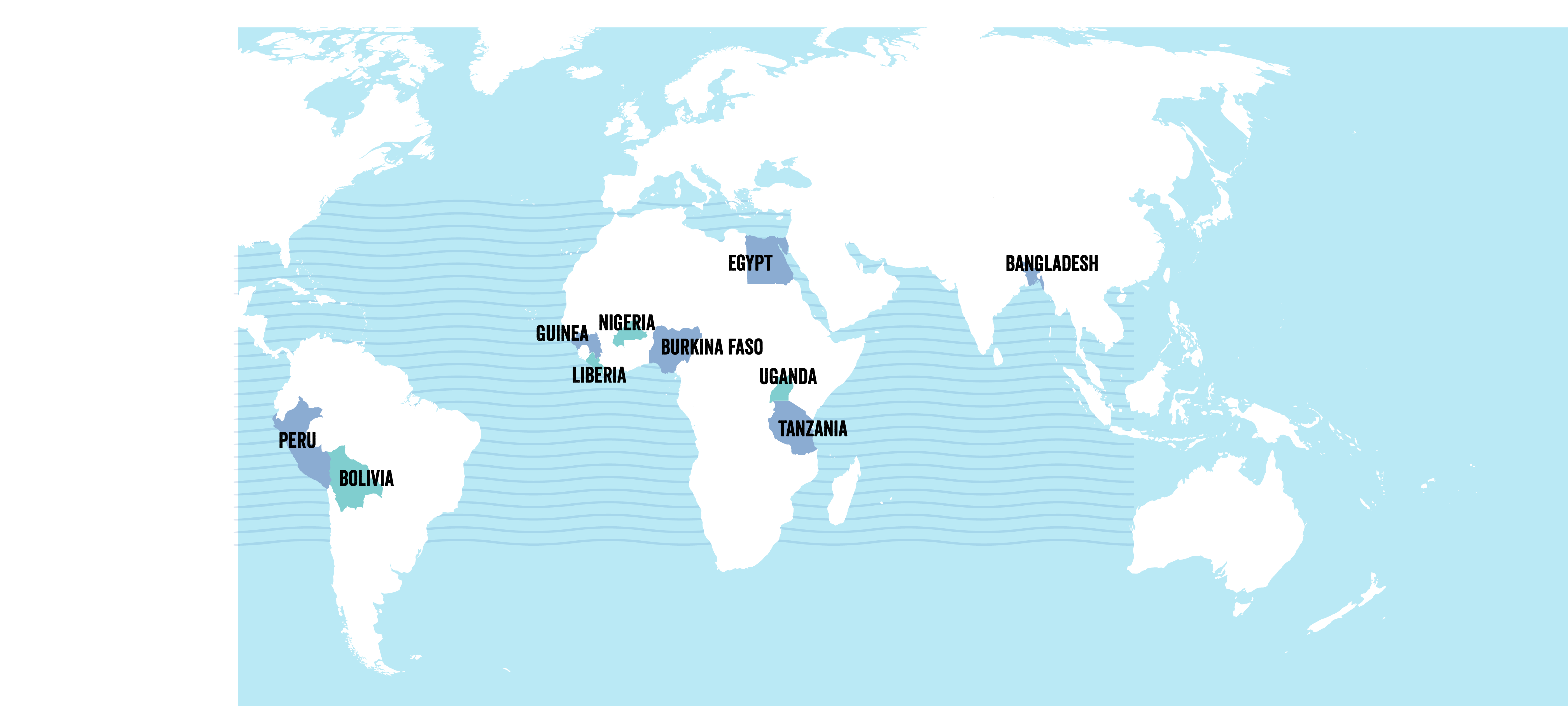 map of countries where Plan International Canada launched the Embedded Storytellers pilot in. 